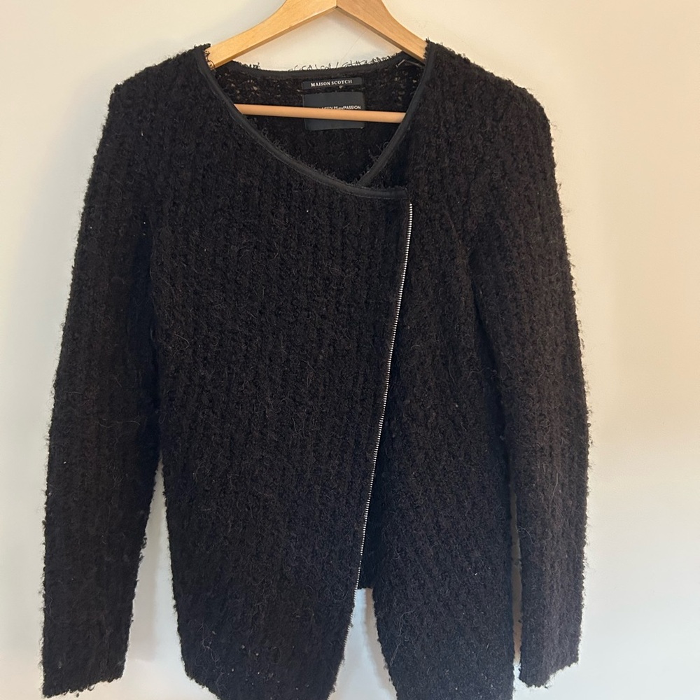 Maison Scotch Textured Black Zip-Trim Bouclé Jacket